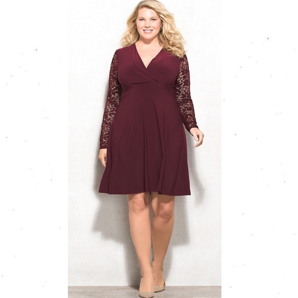 Beyond by Ashley Graham Lace-Sleeve Dress Burgundy